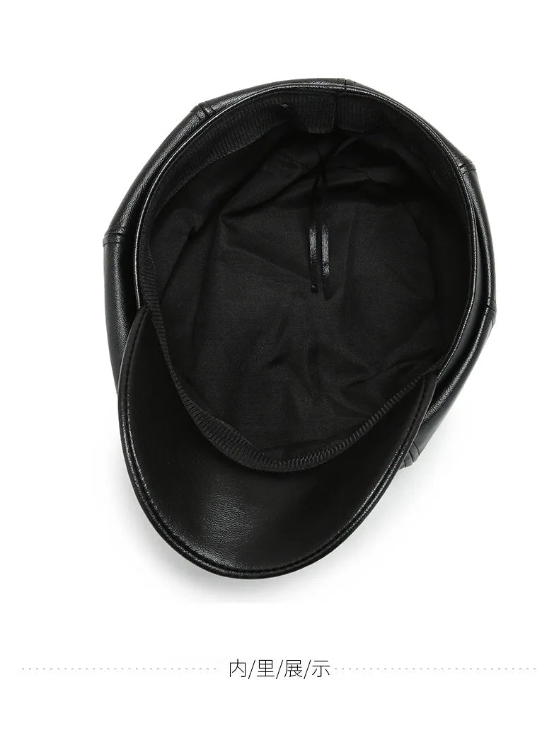 Women Men PU Leather Berets Hat Retro British Solid Beret Baseball Cap Outdoor Sun Hat Winter Warm Octagonal Hats Newsboy Caps