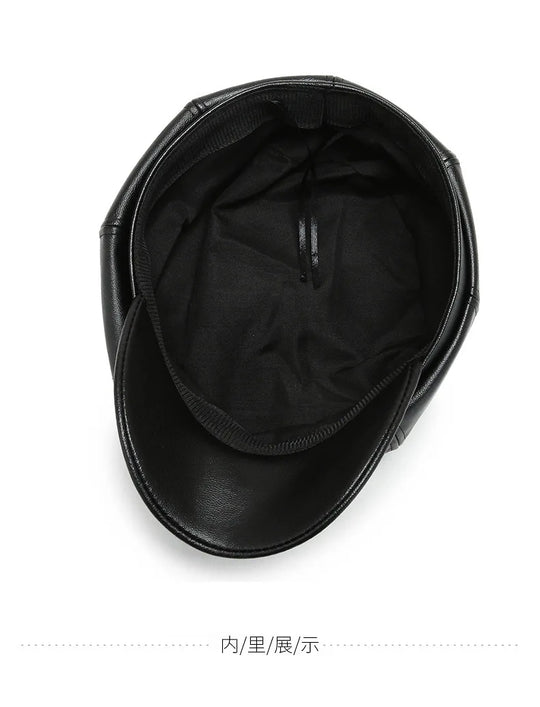 Women Men PU Leather Berets Hat Retro British Solid Beret Baseball Cap Outdoor Sun Hat Winter Warm Octagonal Hats Newsboy Caps