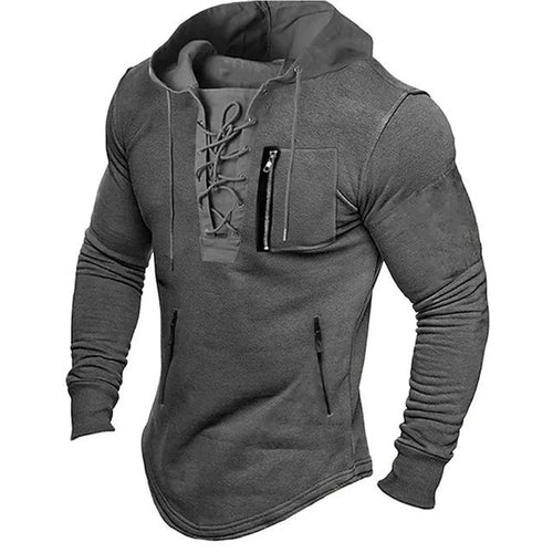 2024 Men Autumn Spring Top Lace Up Drawstring Solid Color Long Sleeve