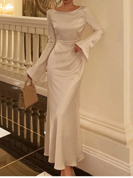 Autumn Elegant Solid Midi Dress Women Flare Sleeve Slim Mermaid Spring
