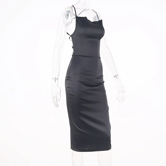 Neon Satin Lace Up Women's Long Midi Dress Light Pink Bodycon Backless Elegant Party Sexy Club Clothes Summer Dinner Outfit