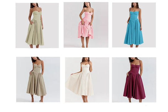 Elegant Spaghetti Strap Midi Dress Women Party Slim A Line Solid Suspender Lady Dresses New Spring Summer Fashion Sexy Vestidos