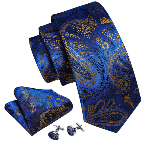 Men Tie Gold Navy Blue Striped Silk Tie 3.4" Jacquard Party