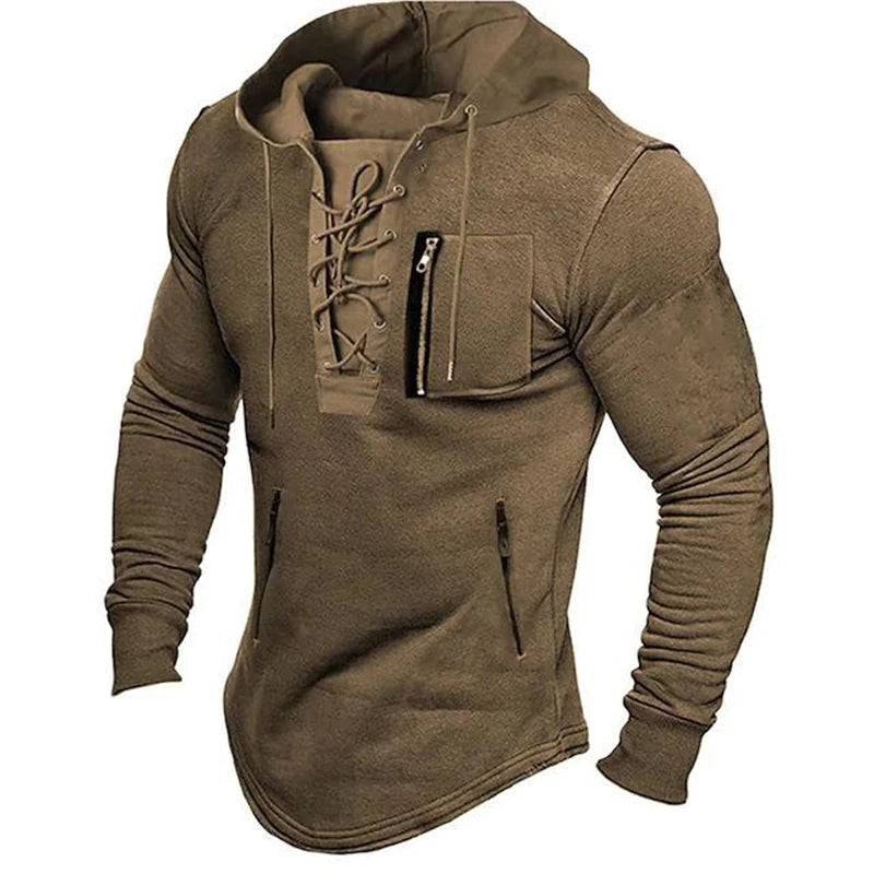 2024 Men Autumn Spring Top Lace Up Drawstring Solid Color Long Sleeve