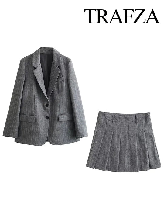 TRAFZA Spring 2 Piec Suits For Women V Neck Long Sleeves Single