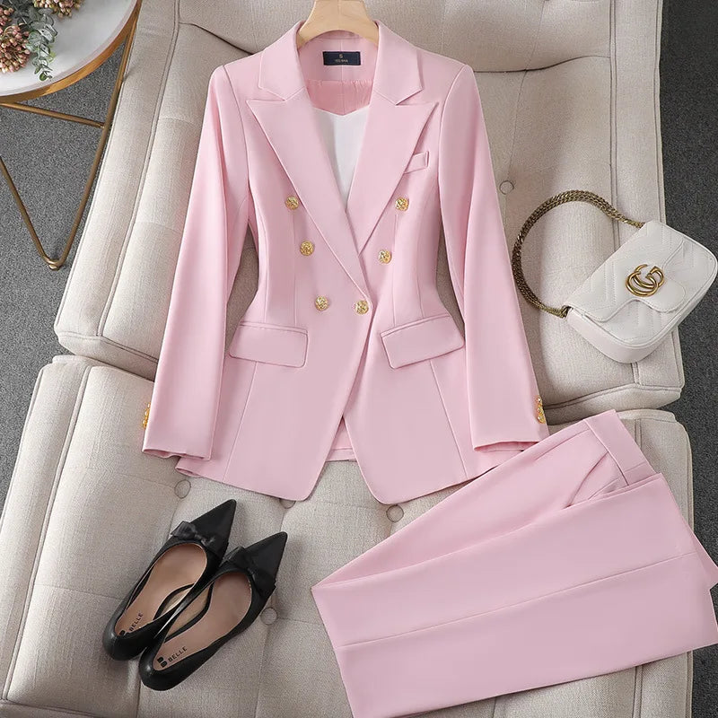 Fashion Office Ladies Formal Pant Suit Set Women Blue Pink Yellow