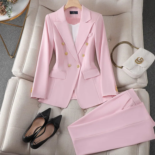 Fashion Office Ladies Formal Pant Suit Set Women Blue Pink Yellow