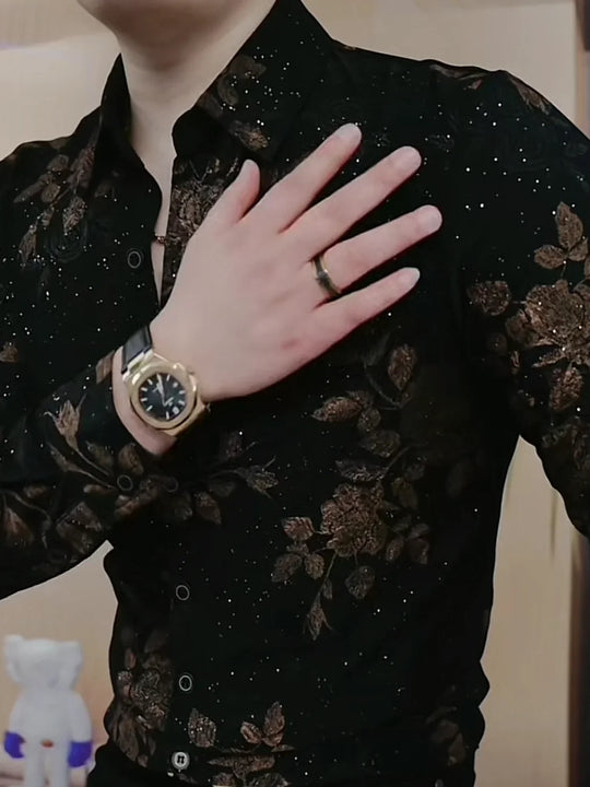 New Long-sleeved Printed Lapel Shirt Versatile Men Fashionable Thick Korean Button Sequins