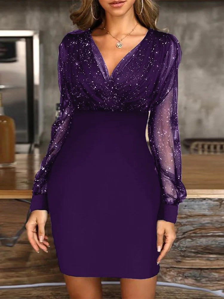 Sexy V-Neck See Through Long Sleeve Dress Women Spring Autumn Party