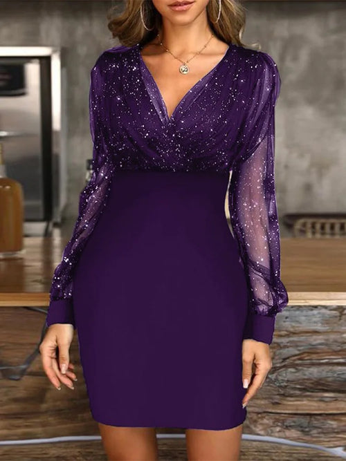 Sexy V-Neck See Through Long Sleeve Dress Women Spring Autumn Party