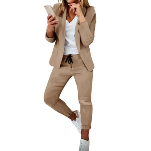 Stylish Suit Set Solid Color Female Open Stitch Blazer Elastic Waist