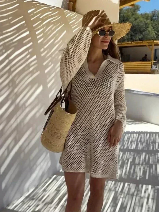 Solid Colour Beach Knit Mini Dress Women's Summer Sexy Hollow Out Long