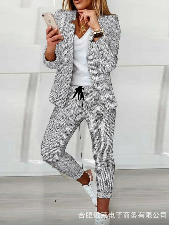 Women Print Blazer Suits Two Piece Pant Sets V Neck Coats Outerwear