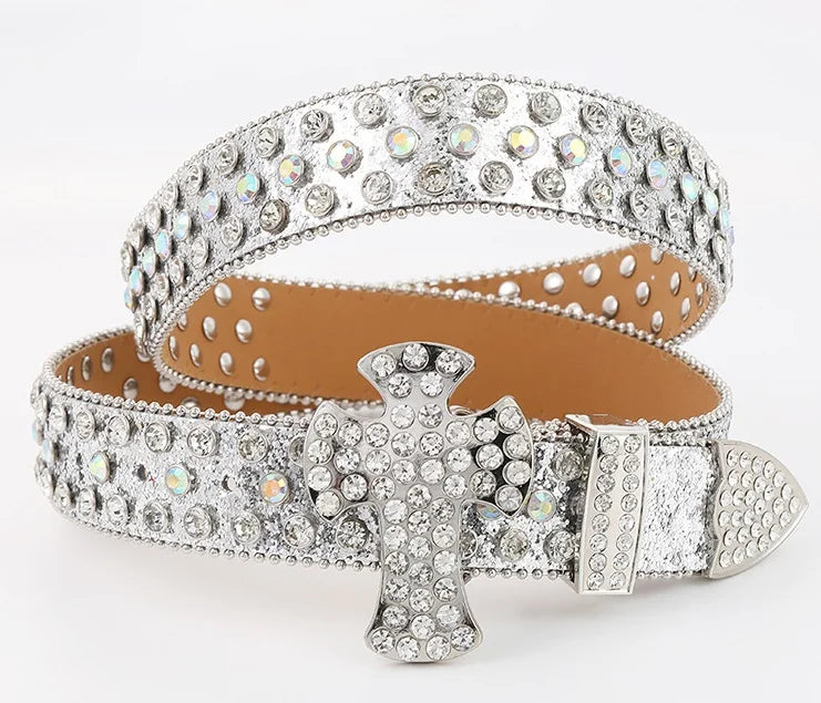 Glittering Rhinestone Belts Y2K Crystal Studded Belts For Men & Women Inspired Ice Belt BB With Cross Big Buckle