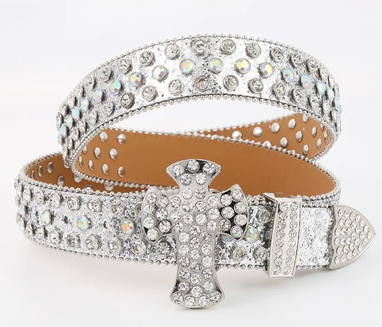 Glittering Rhinestone Belts Y2K Crystal Studded Belts For Men & Women Inspired Ice Belt BB With Cross Big Buckle