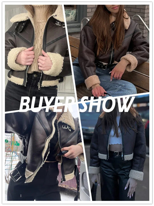 Ailegogo Winter Women Streetwear Faux Lamb Leather Fur Short Jacket