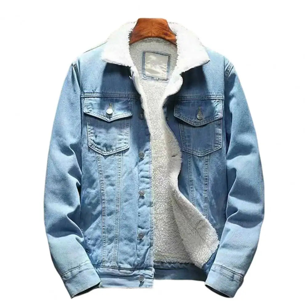 Men Jean Jacket Thicken Lamb Cashmere Lining Men Denim Coat Solid Color Coldproof Outerwear Winter Single Breasted Men Jean Coat