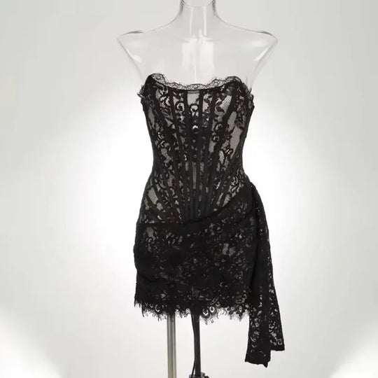 Talenza Women's Sexy Lace Dress Solid Color Sheer Patchwork High Waist
