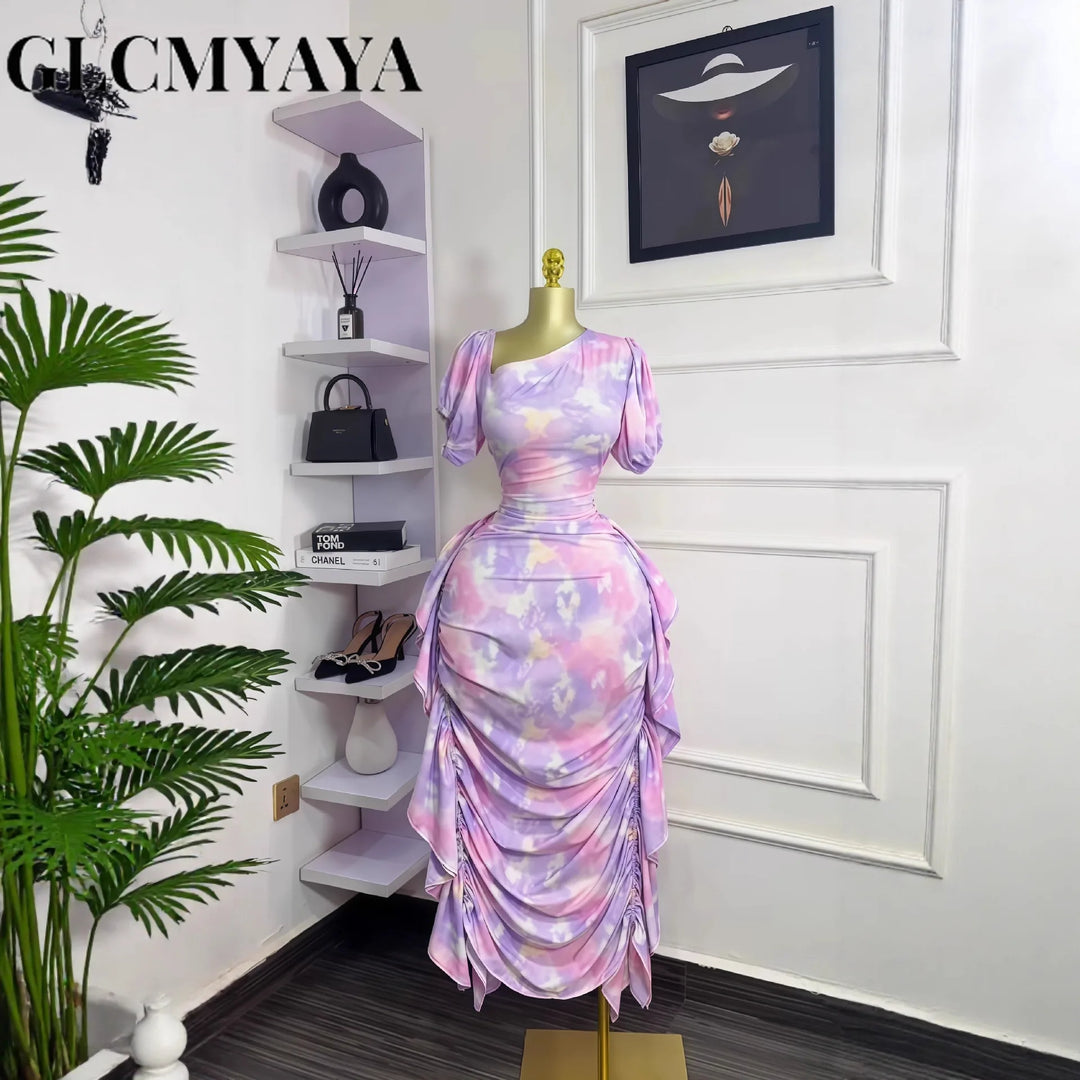 Women Tie Dye Printed Skew Neck Ruched Stacked Bodycon Midi Maxi Long Dress Vacation Holiday Sexy Vestidos Dresses