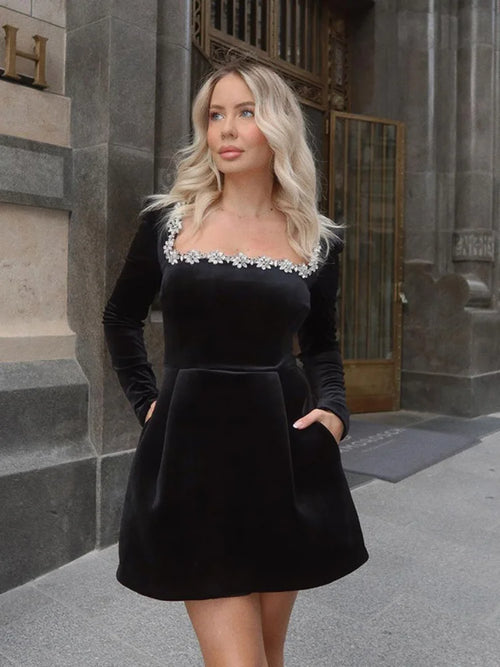Women Elegant Black Hollow Out Sequins Splicing Dress Fashion O Neck