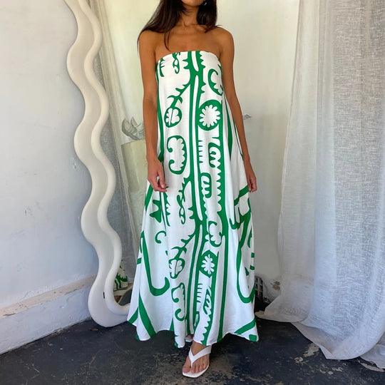 Beach Holiday Strapless Maxi Tube Dress Vintage Fruit Print Backless