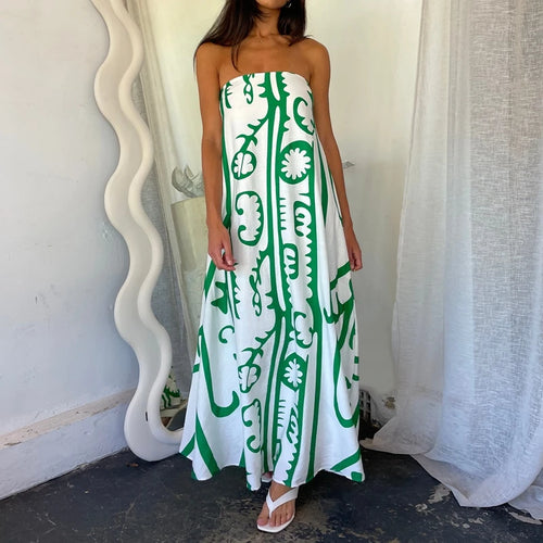 Beach Holiday Strapless Maxi Tube Dress Vintage Fruit Print Backless