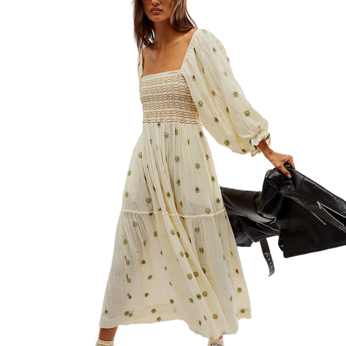 Women's Flower Embroidered Long Dress Bodycon Lantern Sleeve Square