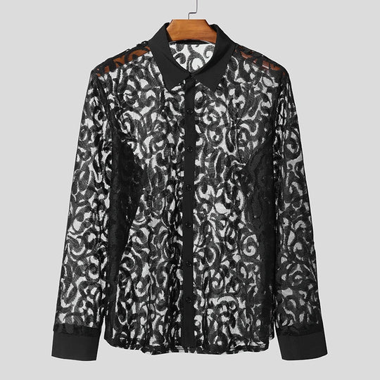 Men Shirt Mesh Transparent Jacquard Lapel Long Sleeve Streetwear Sexy Men Clothing 2025 Fashion Unisex Shirts S-5XL INCERUN