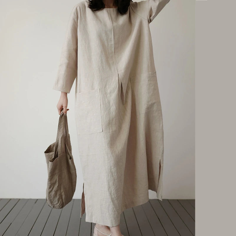 REALEFT 2024 New Cotton and Linen Women's Loose Long Dresses Pockets High Waist O-Neck Casual Straight Dress Female Summer