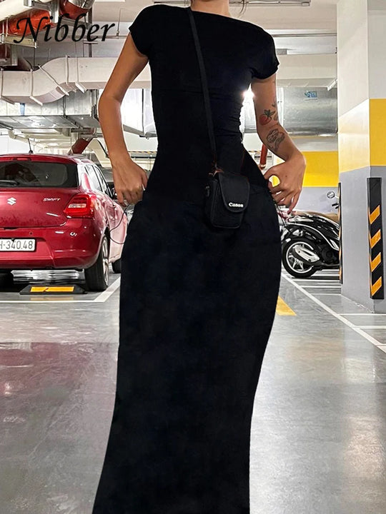 Nibber Solid Sexy Backless Maxi Dress Women Elegant Elastic Slim Short