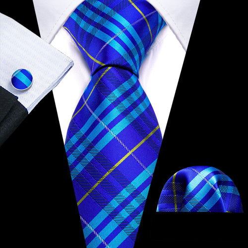 Men Tie Gold Navy Blue Striped Silk Tie 3.4" Jacquard Party