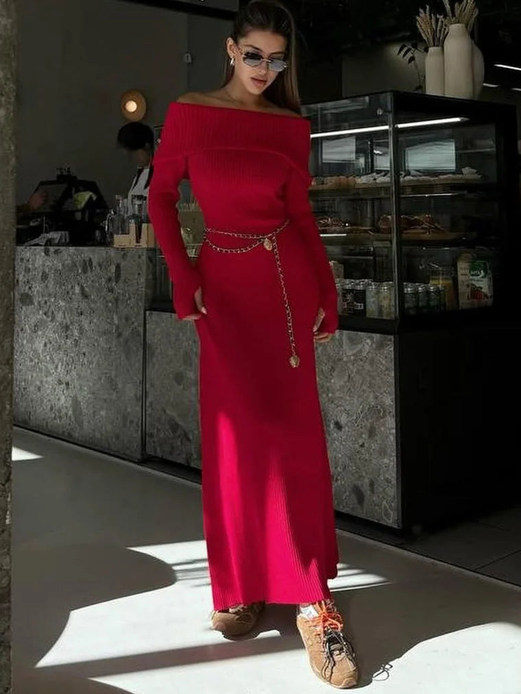 Tossy Fashion Knit Long Dress Off-Shoulder Female Ribbed Loose High