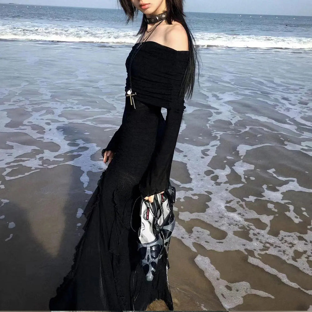 SUCHCUTE Elegant Off Shoulder Ruffles Split Long Dress Black Fashion