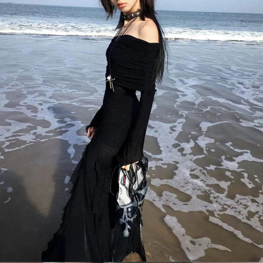 SUCHCUTE Elegant Off Shoulder Ruffles Split Long Dress Black Fashion