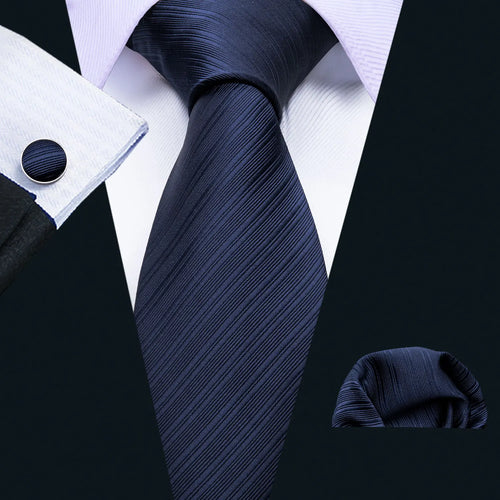 Men Tie Gold Navy Blue Striped Silk Tie 3.4" Jacquard Party