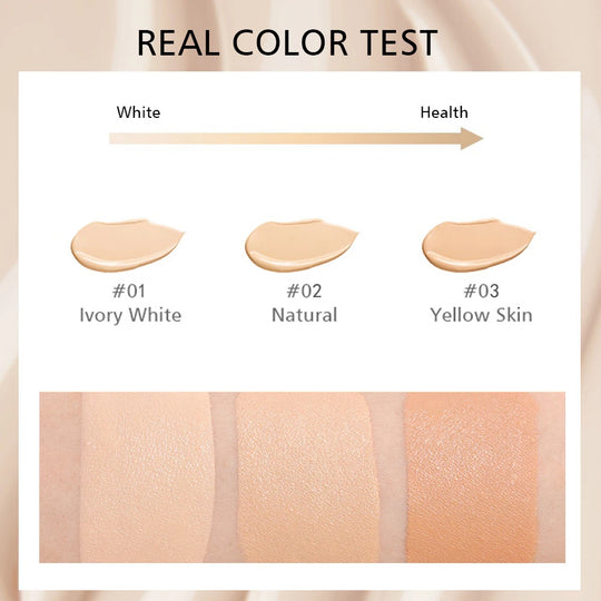 Liquid foundation naturally covers flaws without sticking powder,