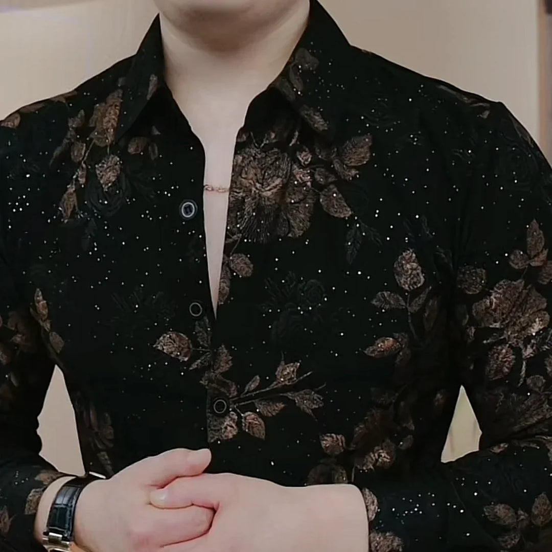 New Long-sleeved Printed Lapel Shirt Versatile Men Fashionable Thick Korean Button Sequins