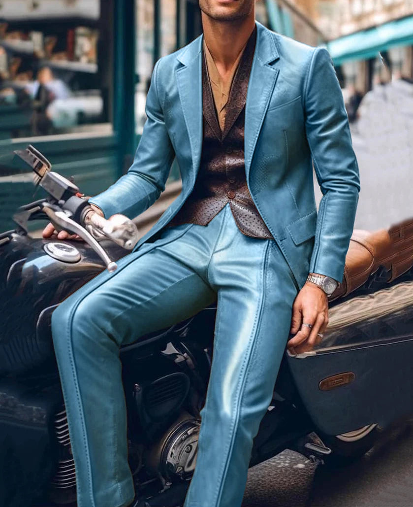 Casual Men's Blazer and Pants 2 Piece Set Lapel Long Sleeve PU Leather Jacket Men Business Casual Prom Suit Motorcycle Style