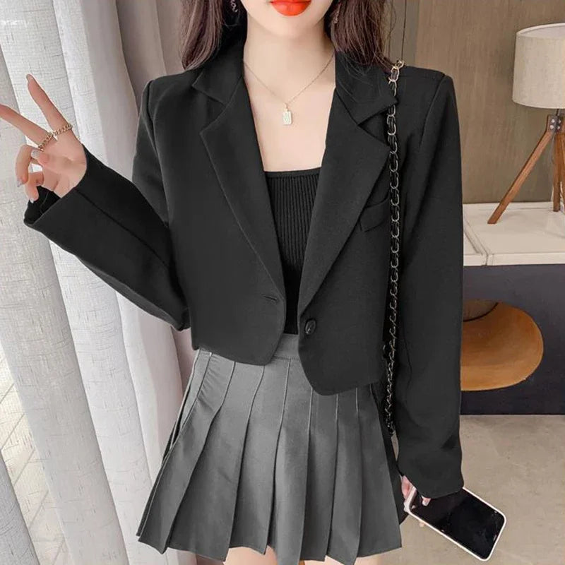Lucyever Korean Cropped Blazers Women Solid Color Simple Single-button