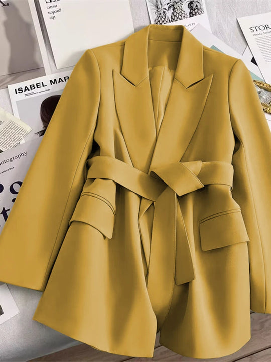 Women's Blazers Spring Autumn Suit Coat Beige Tie Up Jacket Slim Fit