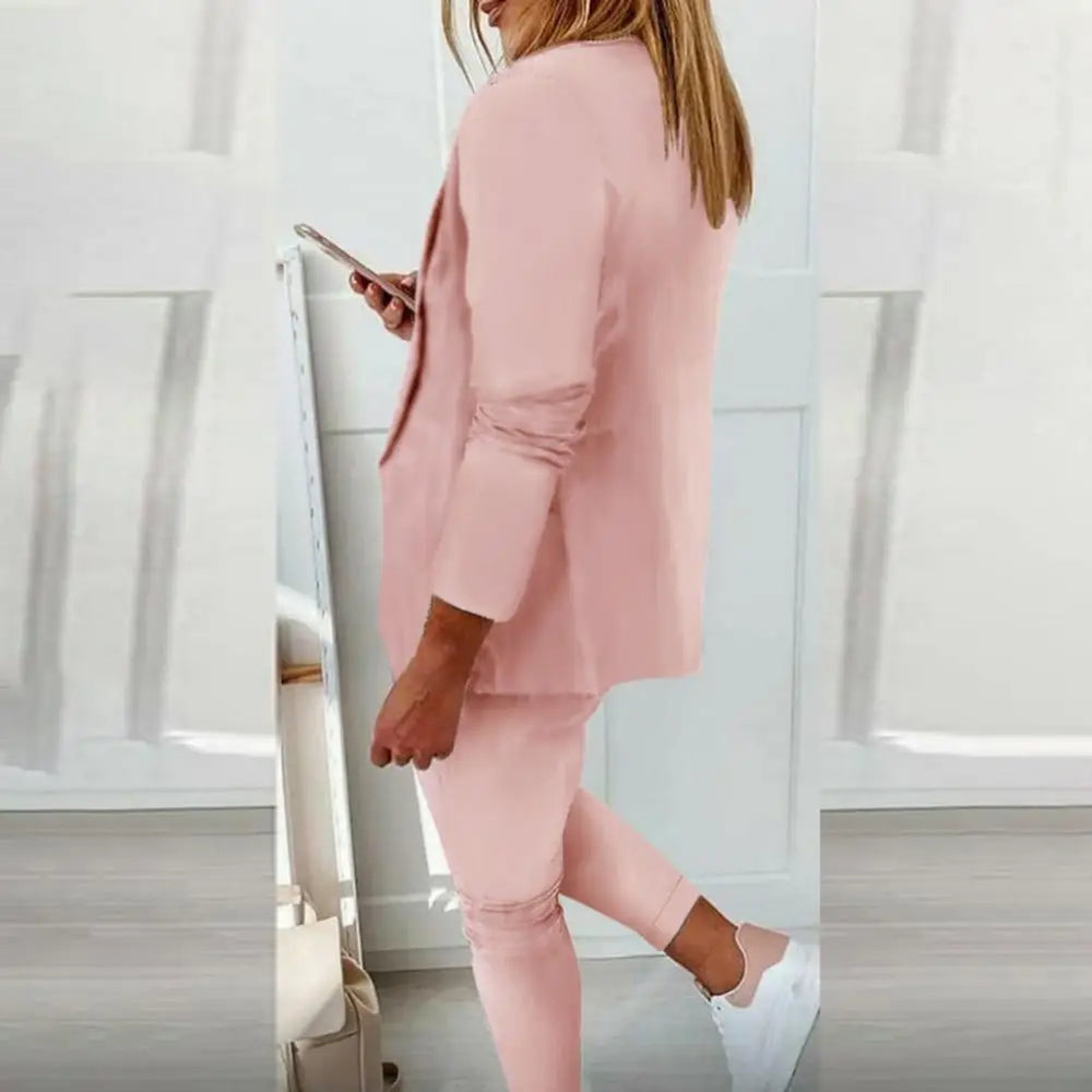 Stylish Suit Set Solid Color Female Open Stitch Blazer Elastic Waist
