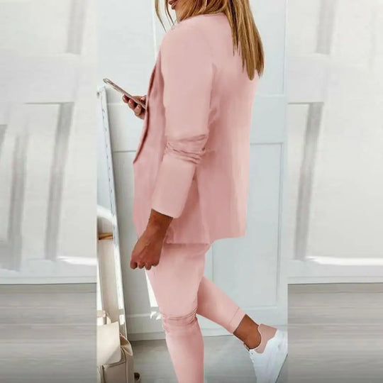 Stylish Suit Set Solid Color Female Open Stitch Blazer Elastic Waist