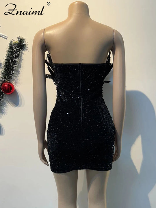 Znaiml Luxury Birthday Women’s Feathers Sequin Strapless Deep V-neck