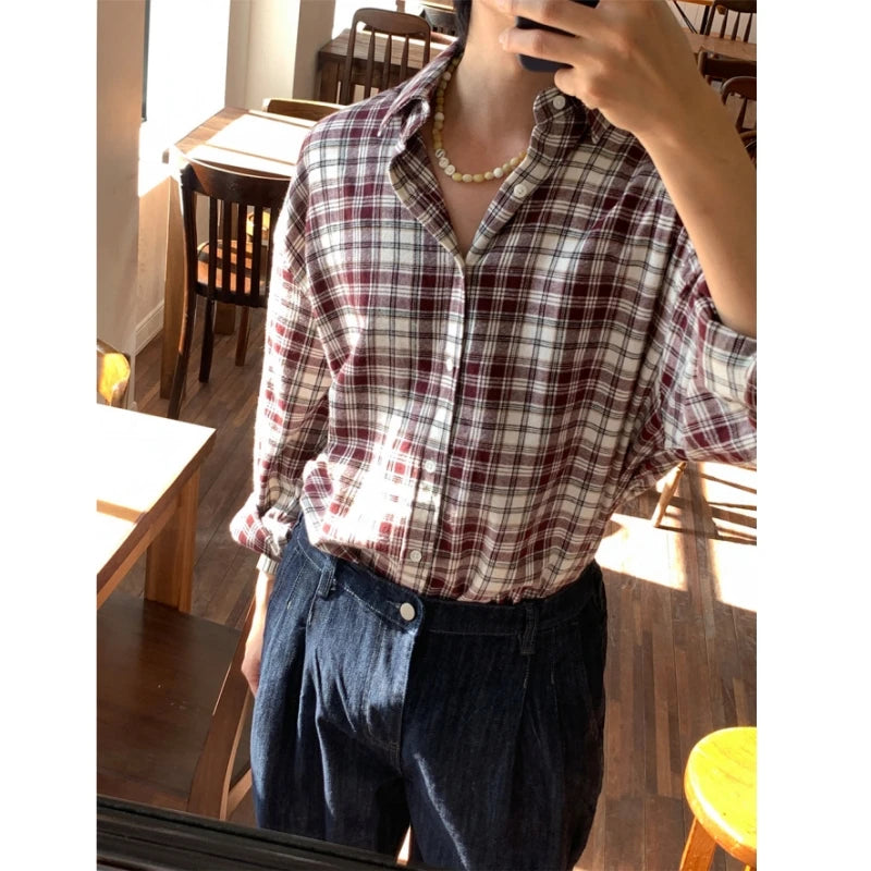 Oversized Men's Plaid Long Sleeve Korean Style Shirt, Trendy Loose Plaid Shirt, Handsome Jacket, Unisex American Retro Plaid