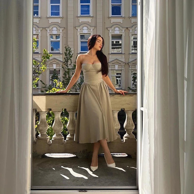 Elegant Spaghetti Strap Midi Dress Women Party Slim A Line Solid Suspender Lady Dresses New Spring Summer Fashion Sexy Vestidos