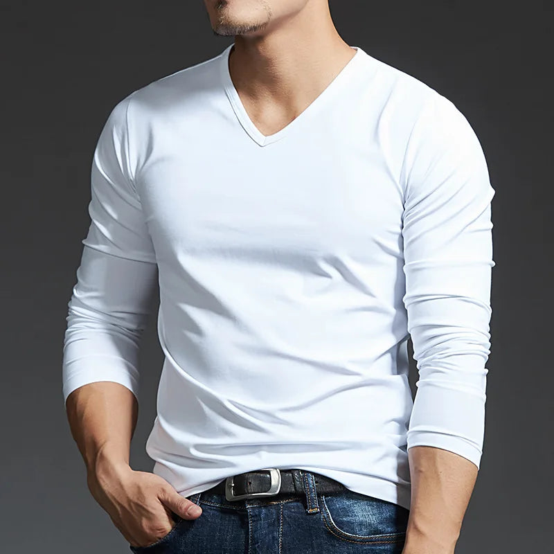 Men Bottoming Shirt Plus Size V-Neck Long Sleeve T-Shirt Slim Base