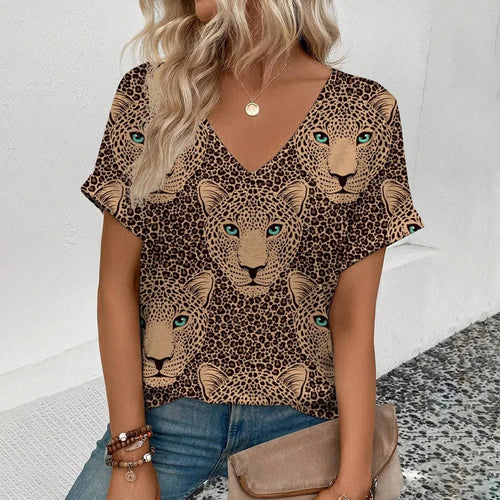 Summer clothing V-neck sexy leopard print T-shirt animal pattern