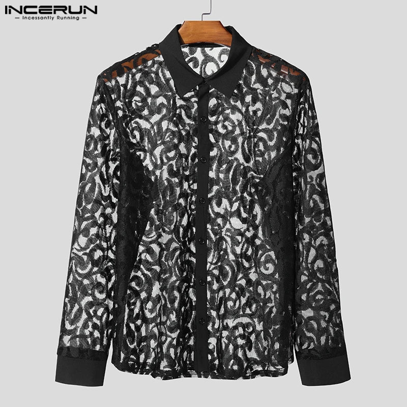 Men Shirt Mesh Transparent Jacquard Lapel Long Sleeve Streetwear Sexy Men Clothing 2025 Fashion Unisex Shirts S-5XL INCERUN
