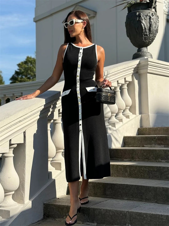 Knit Ribbed Cardigan Maxi Dress Female High Waist Slim Pocket