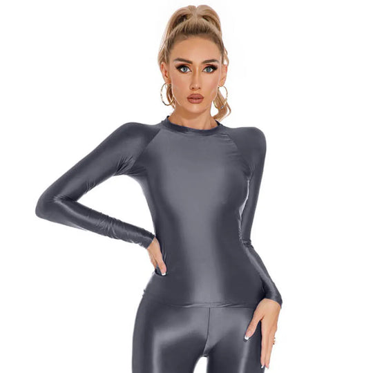 Glossy Shiny Elasitc Long Sleeve Shirt Women Fitness Gym Athletic Yoga Tshirt Tights Hot Sexy Tees Casual Crop Tops Bustier Top